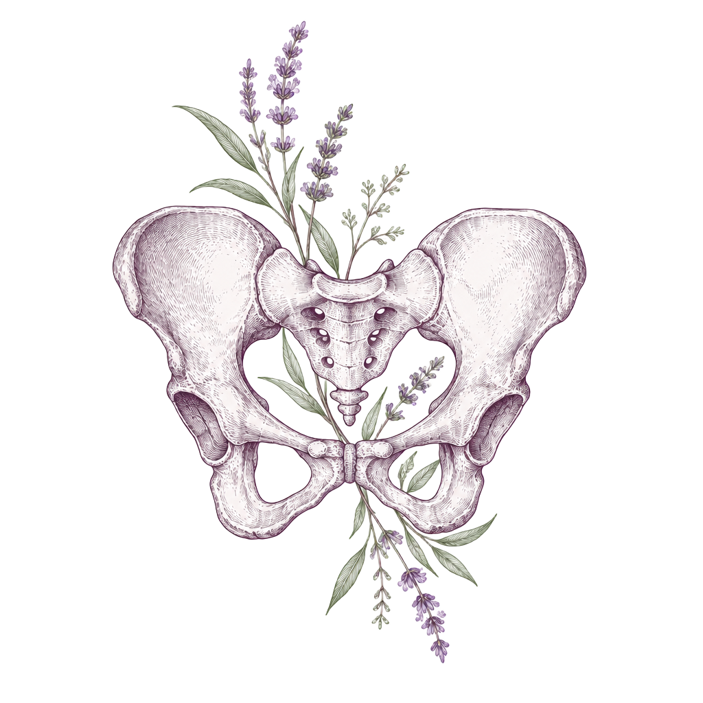 Ilustración delicada de la pelvis femenina entrelazada con lavanda y salvia